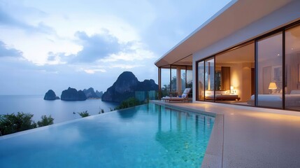 Fototapeta premium A modern villa with an infinity pool overlooking a serene ocean landscape at twilight.