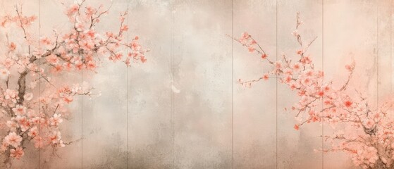 Vintage Japanese folding screen patterns with faded sakura details, soft watercolor washes, nostalgic beauty