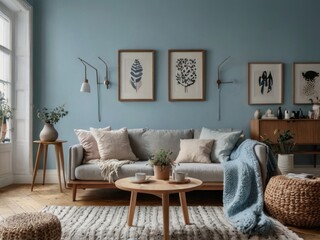 Serene Living Room Decor With Light Blue Walls And Neutral Tones