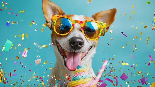 Cheerful dog in sunglasses enjoys colorful confetti celebration