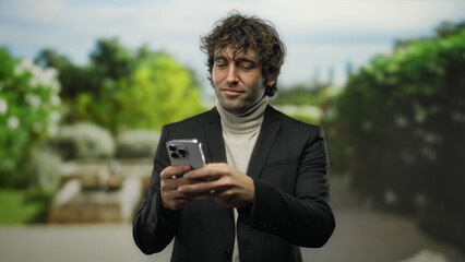 Young man using smartphone outdoors in a park wearing a suit with a smile on his face surrounded by green trees and natural lighting highlighting his handsome features