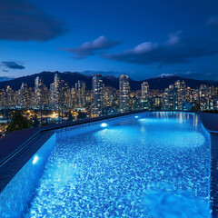 Naklejka premium Skyline Serenity: A Rooftop Oasis, night view of the city