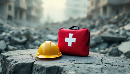 First aid kit and safety helmet amid earthquake rubble, symbolizing emergency response.