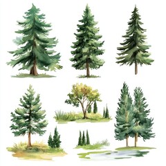 Fototapeta premium Watercolor Paintings of Various Trees and Landscapes
