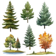 Fototapeta premium Watercolor Paintings of Various Trees in Different Seasons
