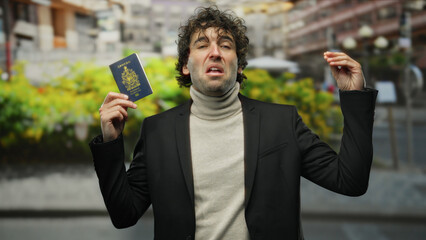 Hispanic man outdoors holding canadian passport gesturing conversation on city street background,...