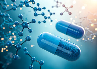 Blue Capsules & Molecular Structure – Medical Science & Pharmaceutical Research

