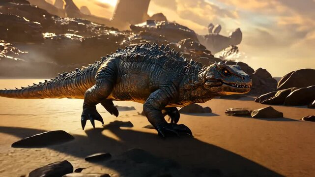Fantasy animation scene prehistoric predator on alien shore. A majestic, armored reptile, reminiscent of a prehistoric predator, roams a desolate, alien shore at sunset.