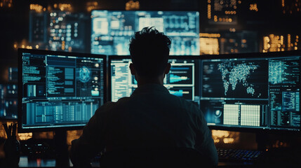Cybersecurity Expert Working Late Night Data Analysis Screens Map Dark Blue Code World Green Hacker 