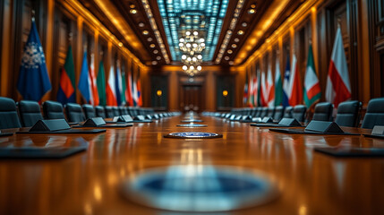 Conference Table Prepared for an International Meeting With Flags Displayed Prominently in an Elegant Setting
