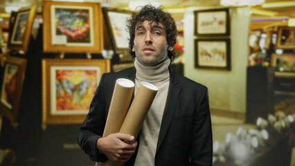 Young hispanic man holding art tubes stands confidently in an indoor gallery surrounded by colorful framed art pieces, showcasing an elegant and artistic environment.