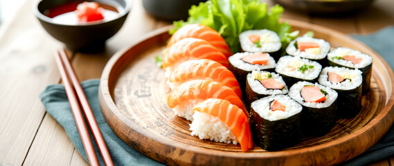 wooden plate with assorted salmon nigiri and maki sushi