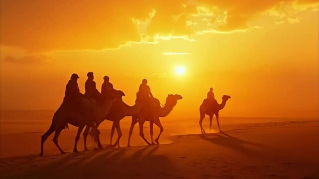 A stunning view of camel riders silhouetted against the golden hues of sunset in the Thar Desert. The vast dunes and warm glow create a timeless and adventurous atmosphere. Generative AI