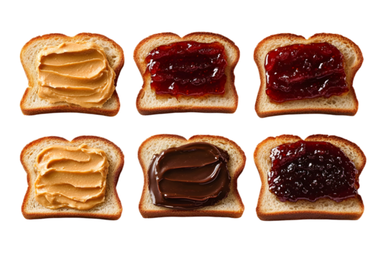 Set of slices toast bread with chocolate spread, peanut butter and jam