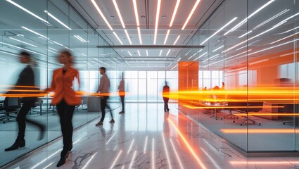 Blurred figures walk through a bright, modern office space with orange light accents and glass walls.