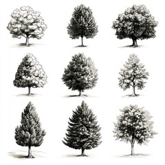 Fototapeta premium Nine Detailed Ink Drawings Of Various Tree Species