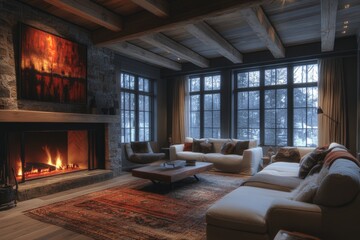 Fototapeta premium Warm living room featuring a fireplace and large windows overlooking snowy landscape
