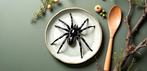 large black spider on a plate surrounded by natural elements