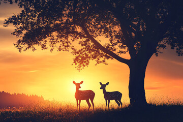two deer standing under a tree in a field