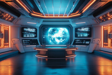 High-tech spaceship control room featuring advanced digital interfaces