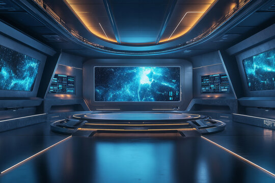 Futuristic command center interior showing galaxy map on a large screen with control panels and circular platform
