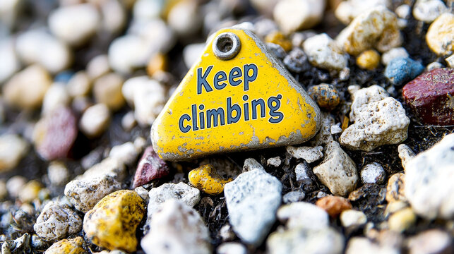 Yellow painted rock, nestled in gravel, reads: Keep climbing -ai - Powered by Adobe