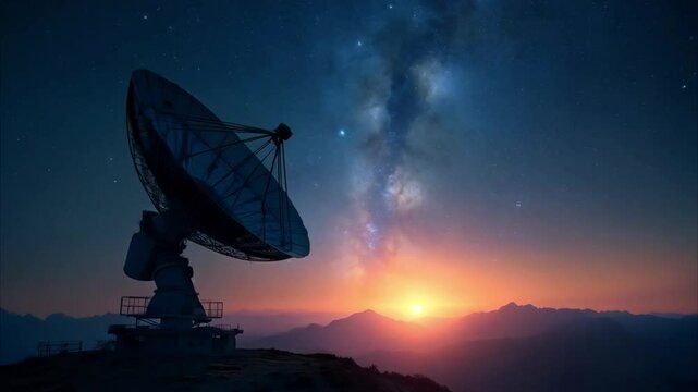 A futuristic radio telescope observatory scans the cosmic sky, searching for deep space signals. the Milky Way shimmers above. Generative AI