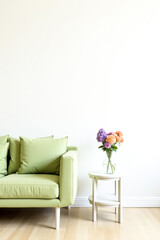 pastel green sofa and flower bouquet in minimalist interior