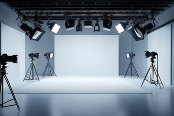 Modern photo studio with lighting equipment and cameras is waiting for the action