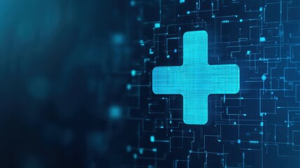 A glowing blue plus sign on a dark, tech-inspired background, symbolizing health, innovation, or digital technology.