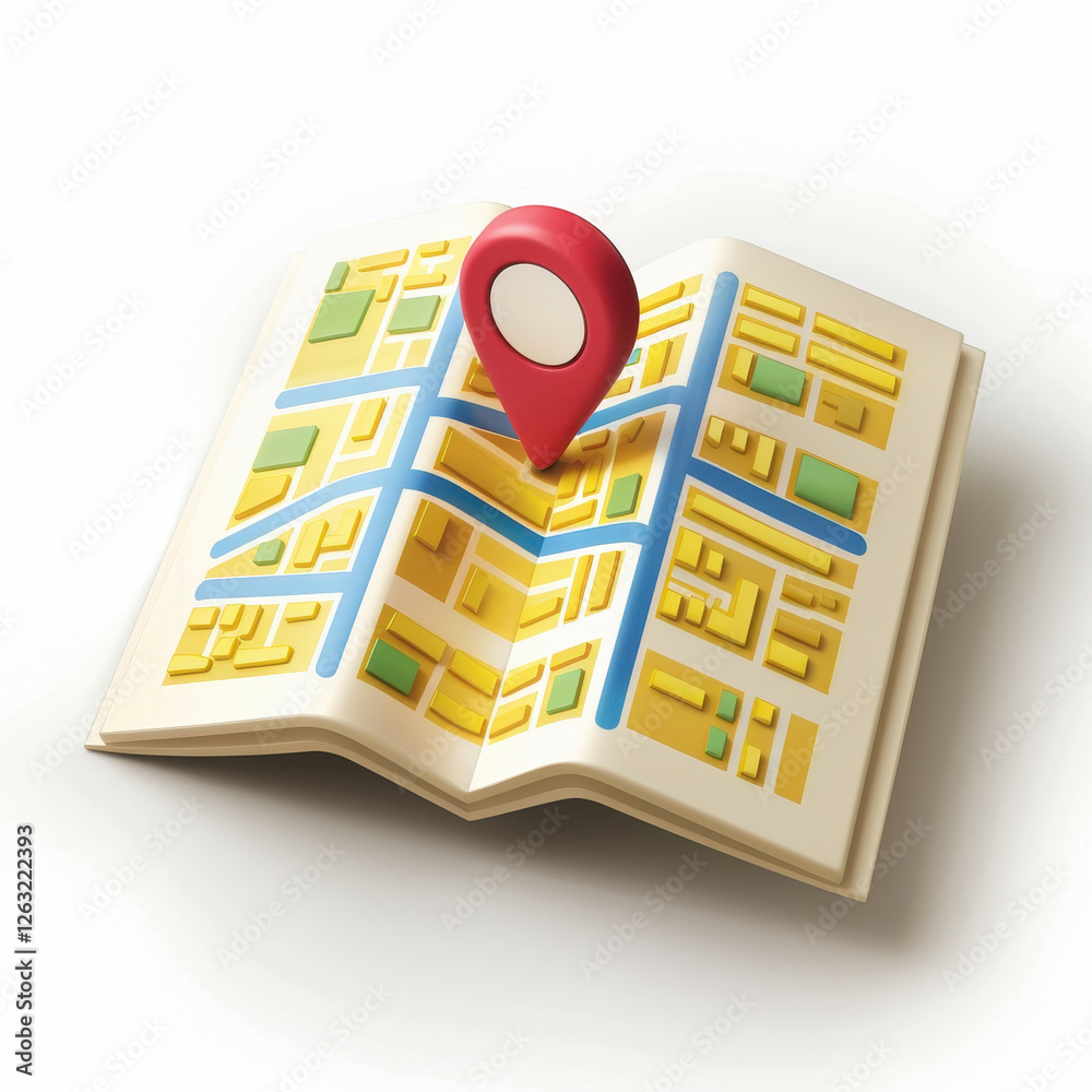 Poster folded map with location pin, representing navigation and exploration