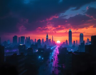 Fototapeta premium A vibrant sunset over a futuristic city skyline.