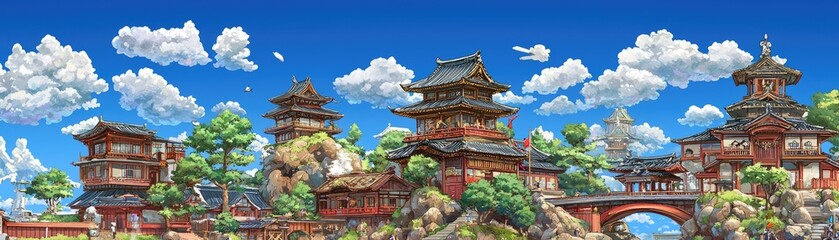 Fototapeta premium Asian village, sunny sky, temple, bridge, illustration