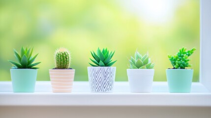 A windowsill adorned with cacti and succulents, adding a touch of desert charm to a minimalist interior.