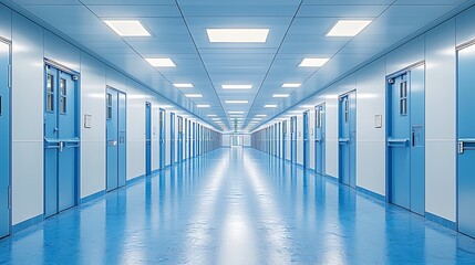 Fototapeta premium Long Corridor with Blue Doors and Shiny Floor in Modern Building.