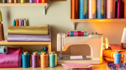 National Craft Month cozy sewing station with colorful fabrics, threads, and a vintage sewing machine in warm lighting.