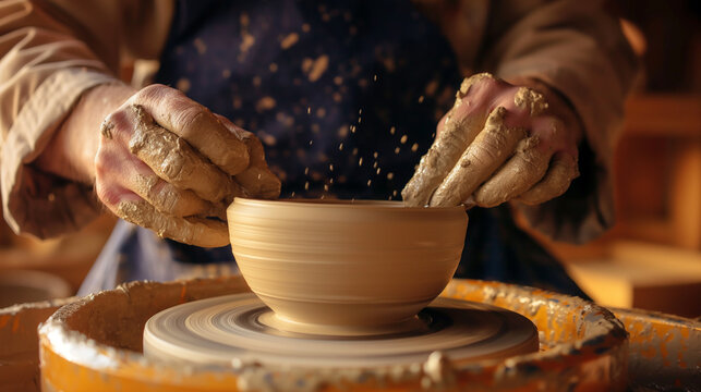 National Craft Month warm pottery workshop scene with artisan hands shaping a ceramic bowl on a spinning wheel. - Powered by Adobe
