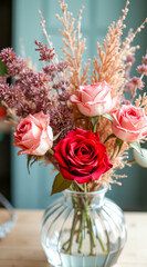 Obraz premium elegant bouquet of pink and red roses in a clear glass vase
