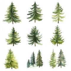 Obraz premium Watercolor Paintings of Evergreen Trees in Various Sizes