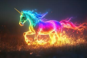 Obraz premium Mythical rainbow unicorn with fiery mane and tail galloping through a field of fire at night