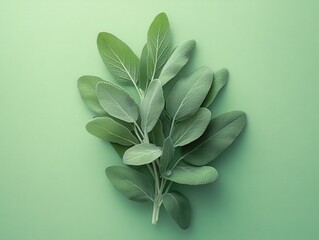 Fototapeta premium Fresh sage leaves on a green background, top-down view. Aromatic seasoning for cooking, a natural herb for herbal medicine and essential oils. 