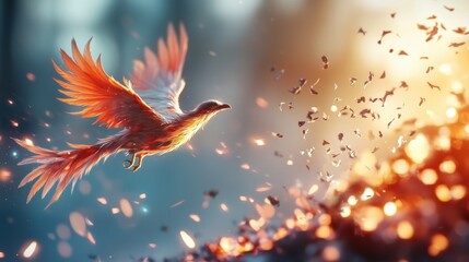 A phoenix rising from ashes, symbolizing transformation, renewal, and the ability to adapt to change and emerge stronger.