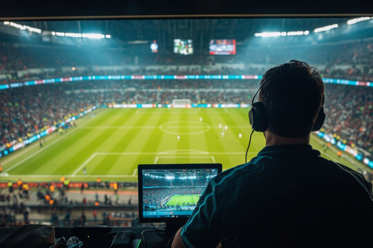 Sports commentator wearing headphones and watching live football match from press box in crowded stadium