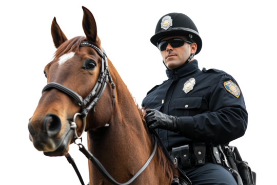 Mounted police officer patrols urban streets city action isolated on transparent background