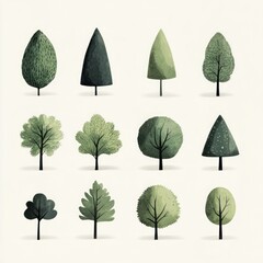 A Collection Of Twelve Stylized Green Trees