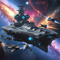 Epic Space Battle with Futuristic Warships and Starfighters in a Galactic War Scene, Generated with AI