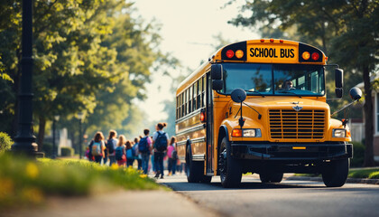 Bright yellow school bus parked on a suburban street with students waiting to board.