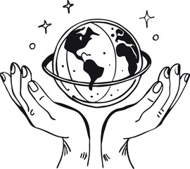 Minimalistic Black Silhouette of Hands Holding the Earth | Protecting Planet Vector Illustration | Hand-Drawn Environmental Conservation and Global Unity Artwork | Sustainability, Care, and Peace Conc