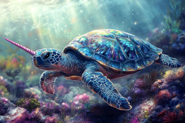 Fototapeta premium Majestic unicorn turtle swims gracefully in the ocean, its iridescent shell shimmering in the sunlight, creating a mesmerizing spectacle