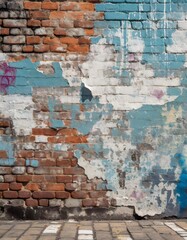 A textured brick wall with peeling paint and faint graffiti, creating an urban and edgy background perfect for modern and industrial designs.